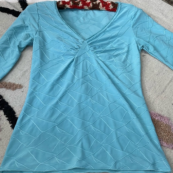 y2k Top Stretch Blouse Balletcore Fairycore Turquoise Teal Ruched Sexy - Picture 14 of 14